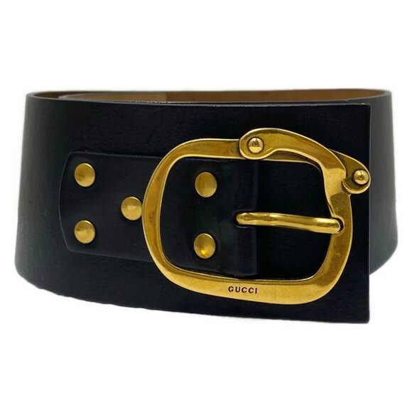 Auth GUCCI - 201799 Black Gold Leather Hardware Belt - Picture 1 of 6
